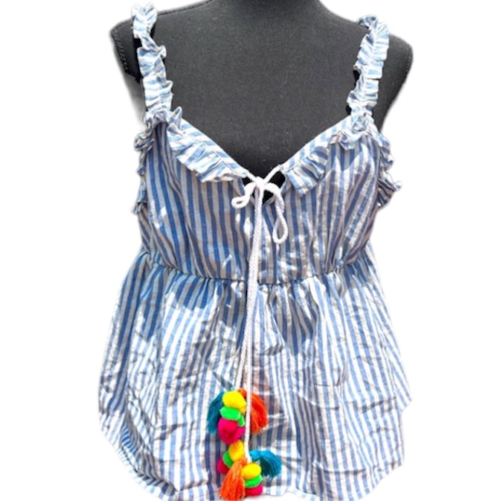 New Venus Linen Peplum Cami Pom Pom Tie Front Ruffle Strap Blue White Stripe L